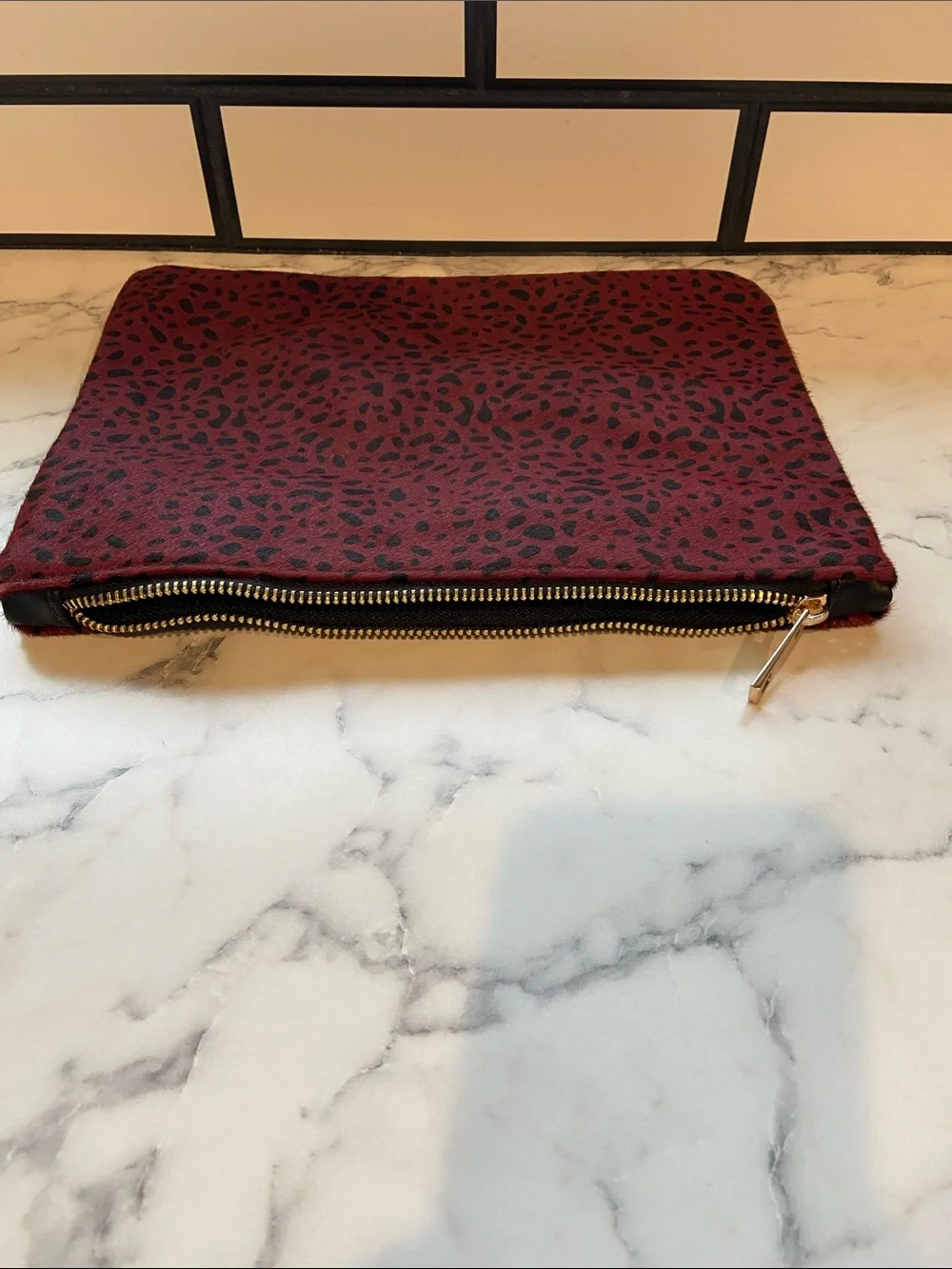 Sole Society Burgundy Leopard Print Zip Clutch with Gold Hardware